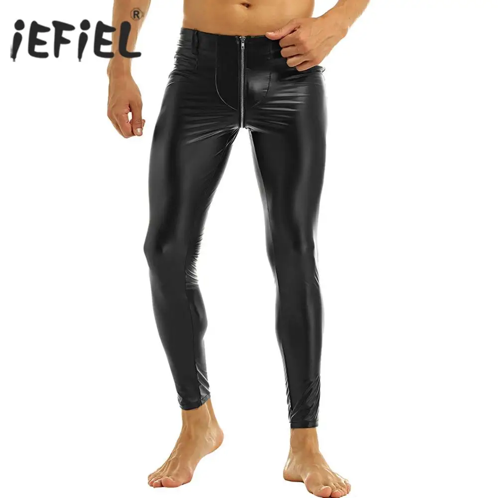 Iefiel Black Mens Faux Leather Zipper Crotch Tight Pants Legging