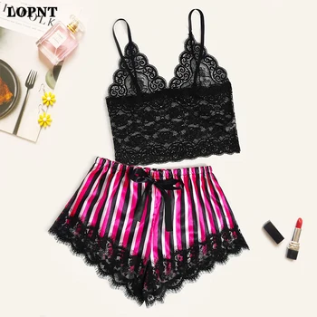 

LOPNT European And American New V-Neck Lace Sleepwear Hollow Sexy Pajamas Striped Satin Women's Temptation Cami Top And Shorts