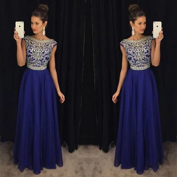 

Elegant Royal Blue Prom Dresses Long 2020 A Line Beaded Crystal Vestidos Boat Neck Chiffon Party Dress 2020