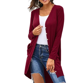 

Button Casual Long Tops Women Cardigan Solid With Pocket Long Sleeve Knitted Shopping Fashion Outwear Daily Fall Slim