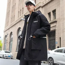 Тренч, зимняя Новинка, с капюшоном, светоотражающая полоска, длинная куртка, теплое хлопковое пальто, куртка, повседневная мужская одежда, B1013 G