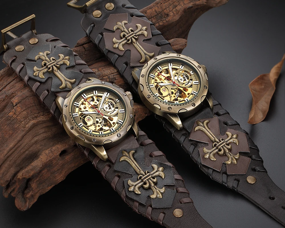 Shenhua Relógio Gótico do Vintage Marrom Rock Steampunk Esqueleto Tourbillon Masculino Mecânico Automático Relógio Luminoso Aço Inoxidável - Image 2