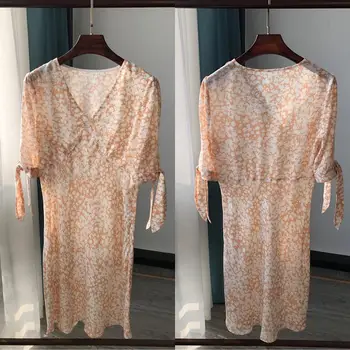 

Apricot Sexy V-neck Dress Floral Print Cuff Lace-up Women's Puff Sleeve Split Midi Dresses