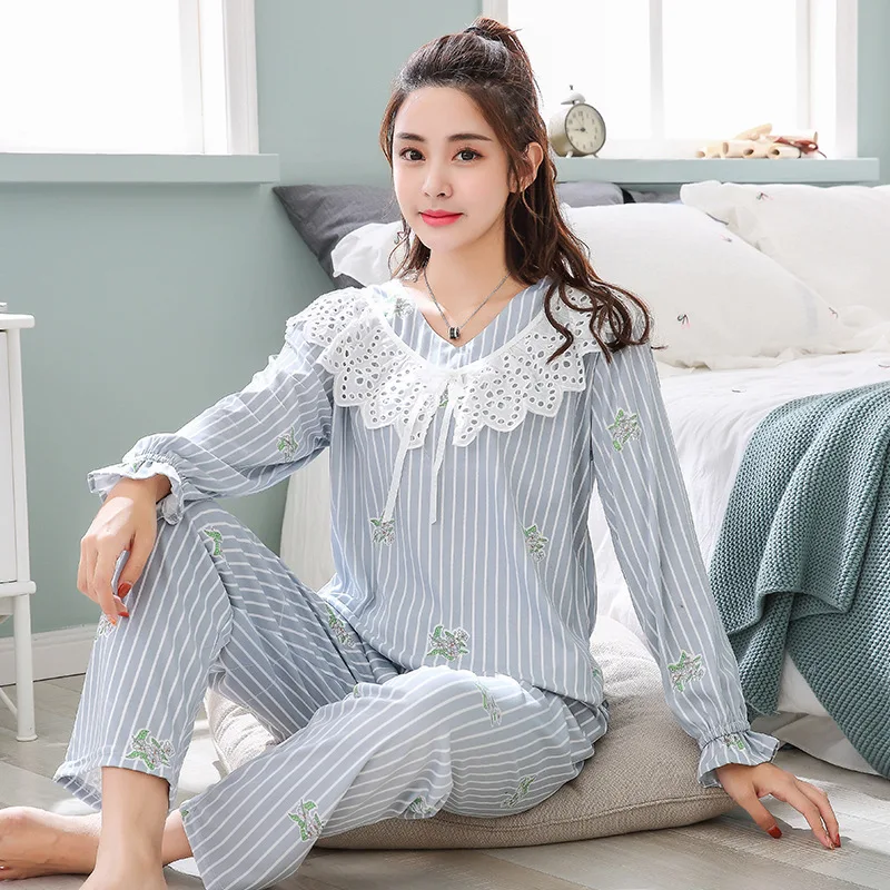 

H5720 Spring Pajamas Women Lace Long Sleeve Sleepwear Suit Female Casual Fashion Thin Autumn Nightwear Breathable Home Clothing