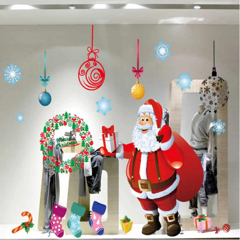 

Christmas Santa Claus Snowflake Wall Sticker Green Tree Removable New Year Shop Glass Window Bear Deer Snowflake Decoration