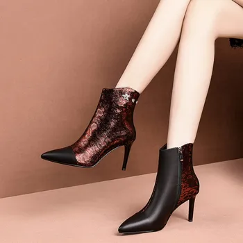 

MLJUESE 2020 women ankle boots cow leather winter short plush zippers pointed toe mixed colors thin heel high heels female boots