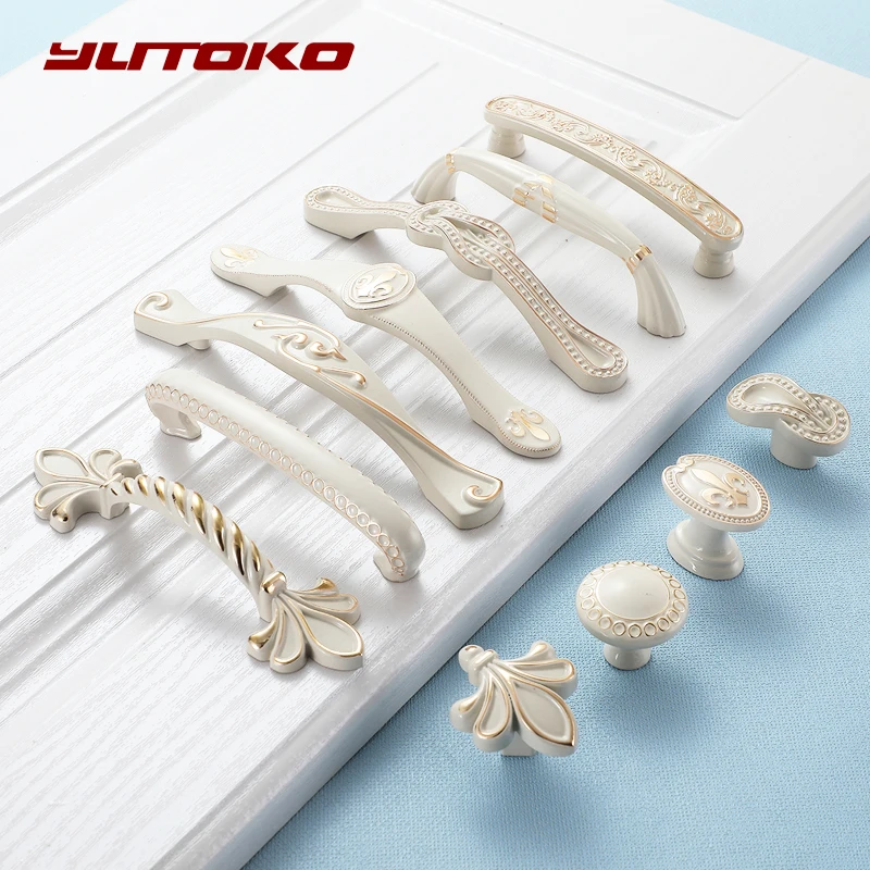 YUTOKO Ivory White Door Handles And Knobs For Cabinet Kitchen Cupboard Zinc Alloy Furniture Dresser Drawer Pull Hardware | Обустройство