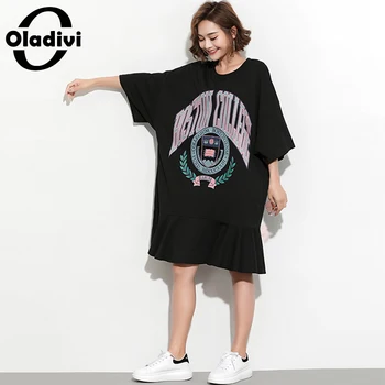 

Oladivi Plus Size Women Letter Print Shirt Dress Ladies Casual Loose Midi Black Dresses Summer 2020 Long Top Tees Tunics 6XL 5XL