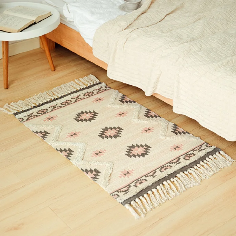 

Nordic Style Cotton Carpets For Living Room Tassels Yarn Dyed 60x90cm Rugs for bedroom Geometric Home Carpet Floor Mat Area Rug
