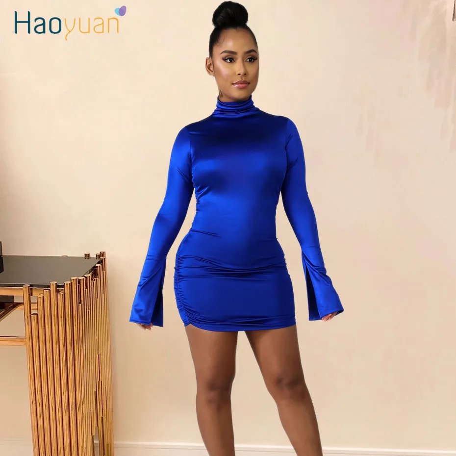 

HAOYUAN Sexy Turtleneck Mini Dress Women 2020 Vestidos Fashion Clother Long Sleeve Bodycon Tight Dresses Night Club Party Dress
