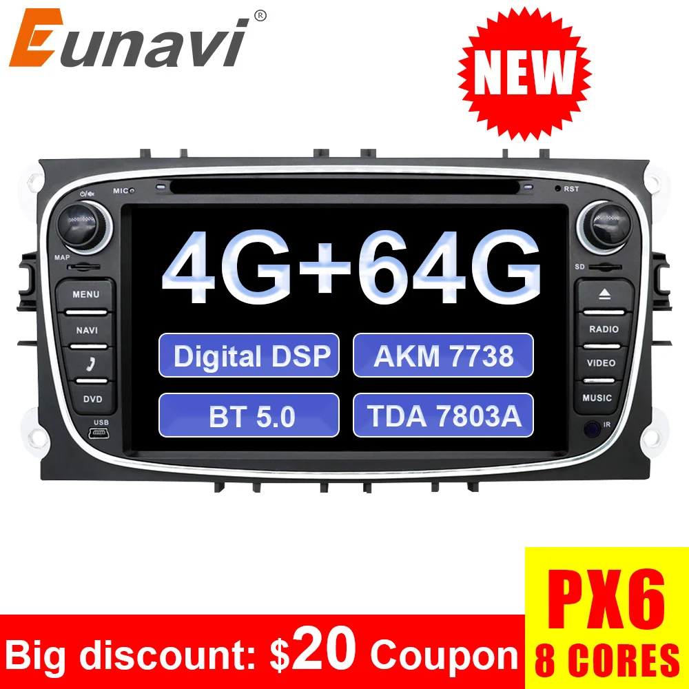 Eunavi 2 din Android 9.0 Car radio DVD Multimedia Player for FORD Focus Mondeo S-MAX C-MAX Galaxy 4GB 64GB 2din GPS BT5 IPS DSP |