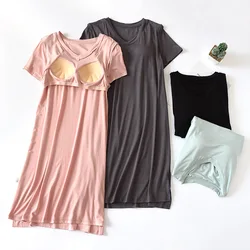 Fdfklak Women Nightgowns Summer Sleepwear With Chest Pad Night Dresses M-XXL Plus Size Short Sleeve Women Loose Nightdress
