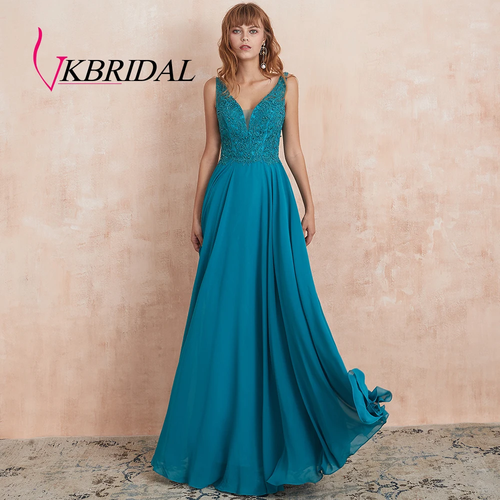 VKbridal Tank Top Lace Prom Gowns Long Deep V Neck Chiffon Bridesmaid Dresses Plus Size