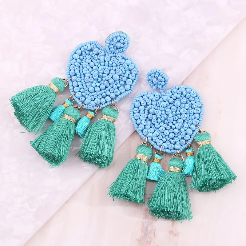 Big tassel boho pendientes statement long earrings Blue Green