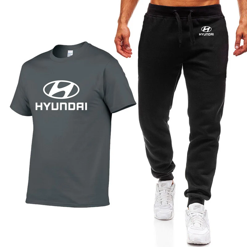 Модные летние мужские футболки hyundai Motor Car с принтом логотипа хип-хоп, повседневные хлопковые футболки с коротким рукавом высокого качества, мужские футболки, брюки, костюм