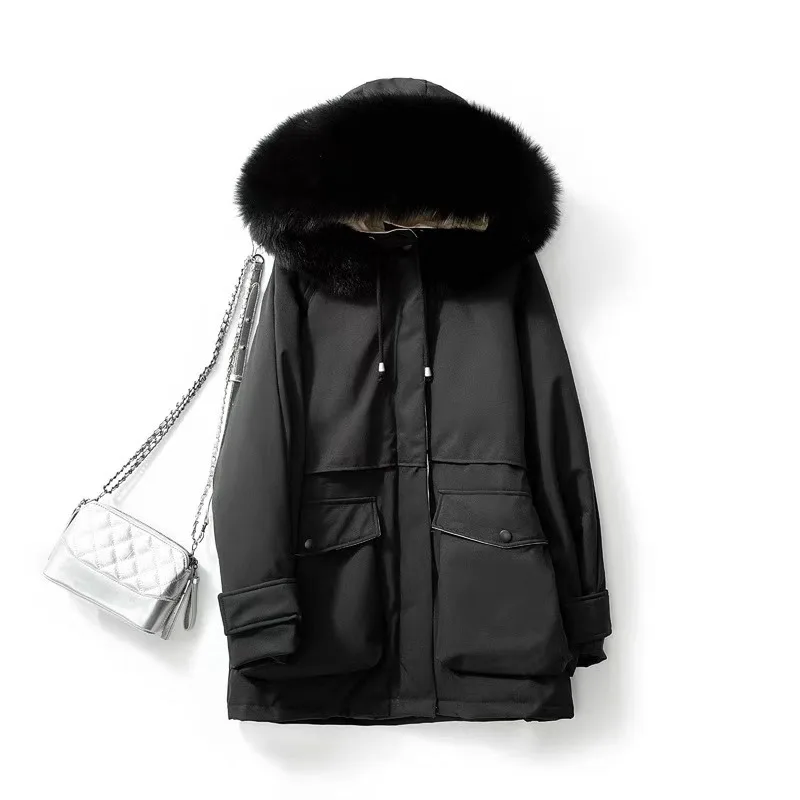 

Extra Large Natural Fox Fur Hooded Winter Jacket Women 90% White Duck Down Thick Parkas Warm Sash Tie Up Snow Coat