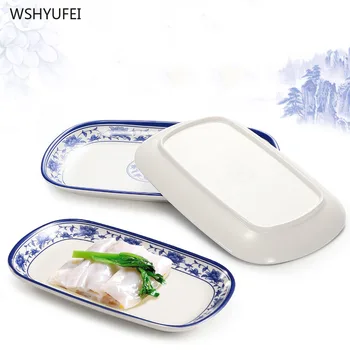 

Blue and white porcelain exquisite pattern imitation porcelain is not easy to break rectangular restaurant kitchen supplies