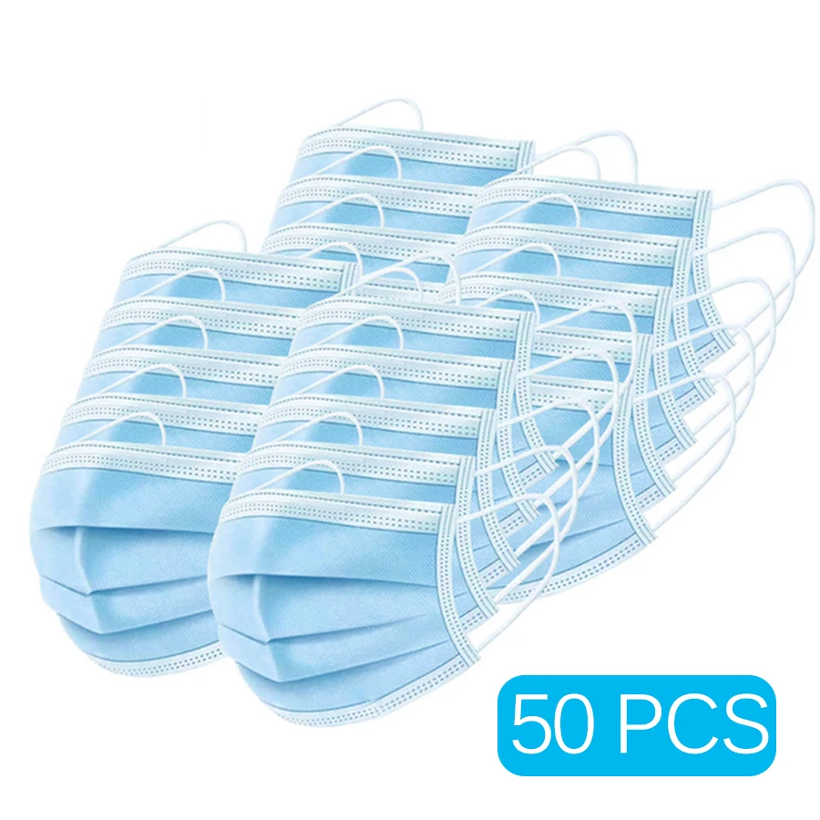 

50Pcs Disposable Protective Mask 3 Layer Nonwove Ply Filter Mouth Face Mask Anti-Dust Anti-Fog Meltblown Earloop Mouth Mask