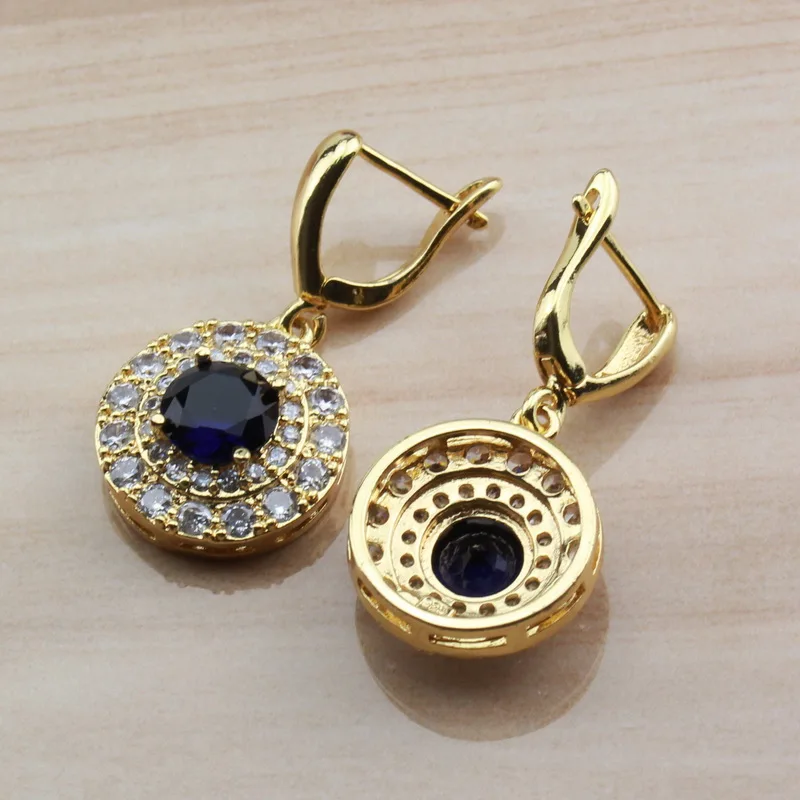 Удивительные круглые синие фианиты желтого золота цвета комплекты украшений для женщин Африка колье, ожерелье, браслет кольцо наборы