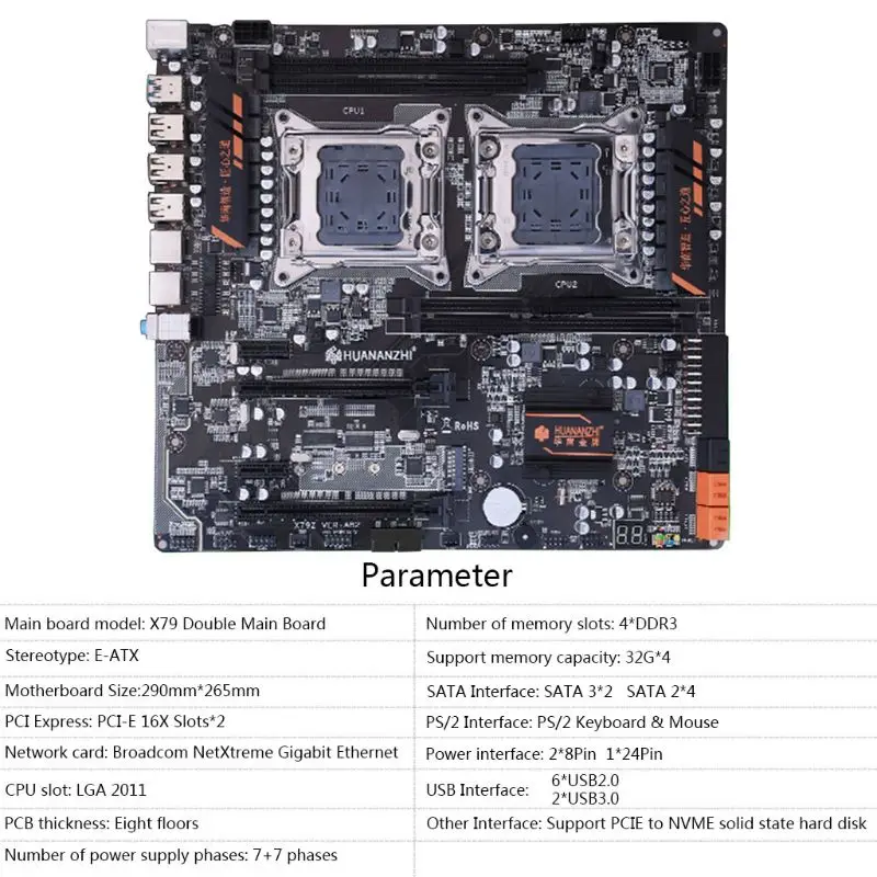 Huananzhi X79 двойной процессор Материнская плата LGA 2011 E-ATX USB3.0 SATA3 PCI-E NVME с двойным процессором Xeon