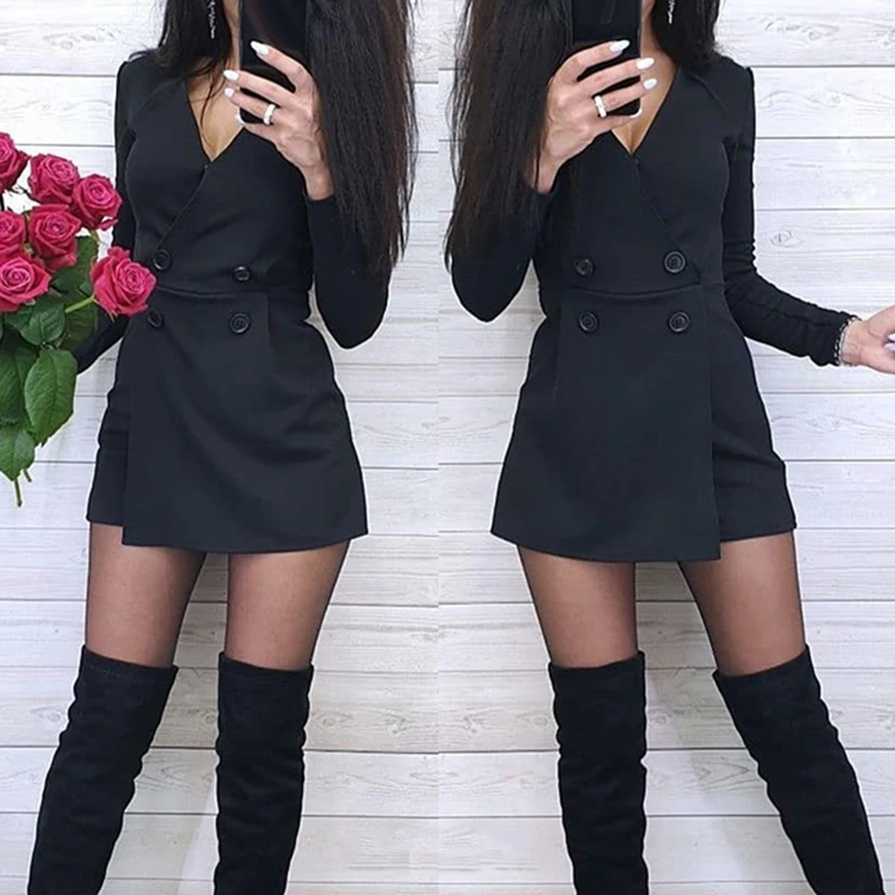 Зимний короткий костюм женский двубортный облегающий однотонный короткий комбинезон с длинными рукавами