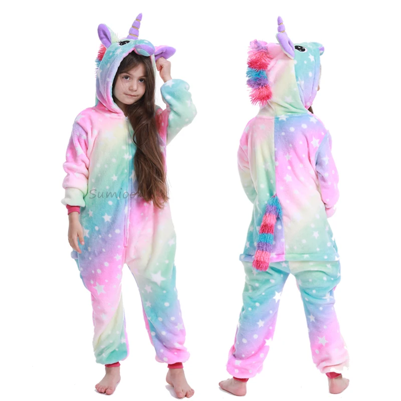 Kigurumi пижамы для детей девочек Единорог аниме панда Onesie детский костюм пижама для мальчиков комбинезон Единорог зимние пижамы для детей - Цвет: Rose star Unicorn