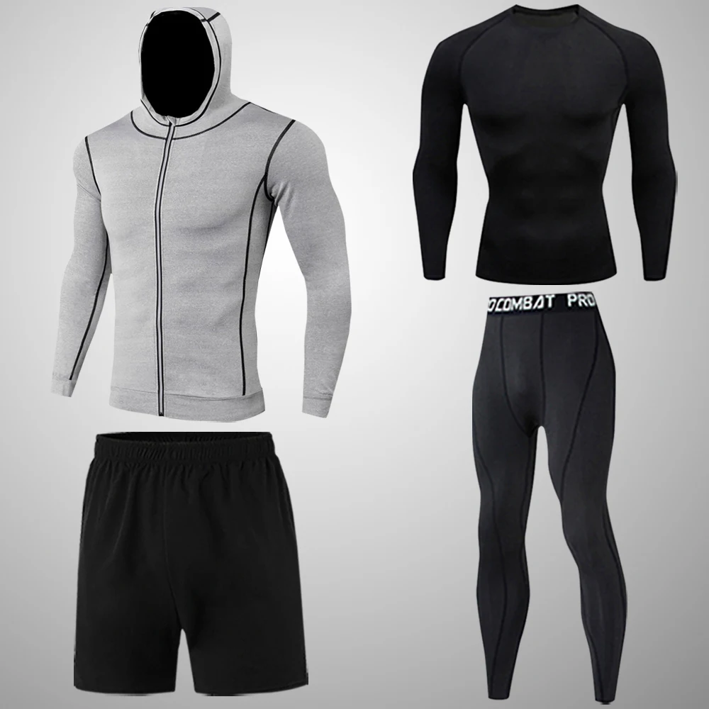 Men's Running 4PC/set Gym Legging Thermal Underwear Compression Fitness ...