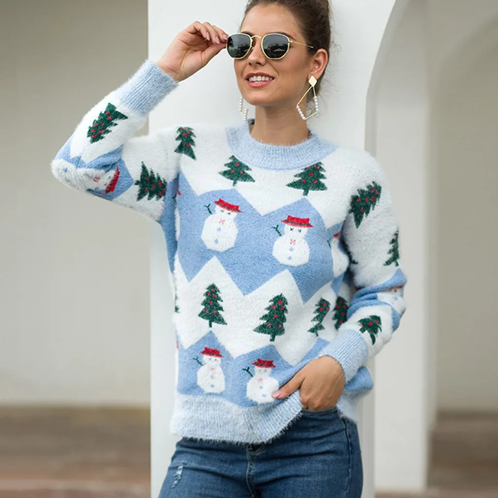 

JAYCOSIN Women's Christmas Sweater Long Sleeve O-Neck Christmas Tree Knit Sweater Top Snowman Print Comfort Pullover
