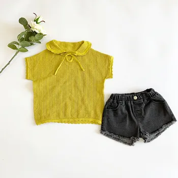 

EnkeliBB Summer Kniting T Shirt Lovely Baby Girl Short Sleeve Peter Pan Collar Tshirts Yellow Lovely Crochet Thin Top Breathabe