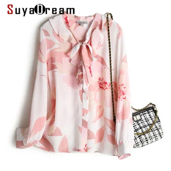 

SuyaDream Silk Print Blouses Woman 100%Silk Crepe Long Sleeves Bow Collar Pink Blouse Shirt Spring Autumn Shirt