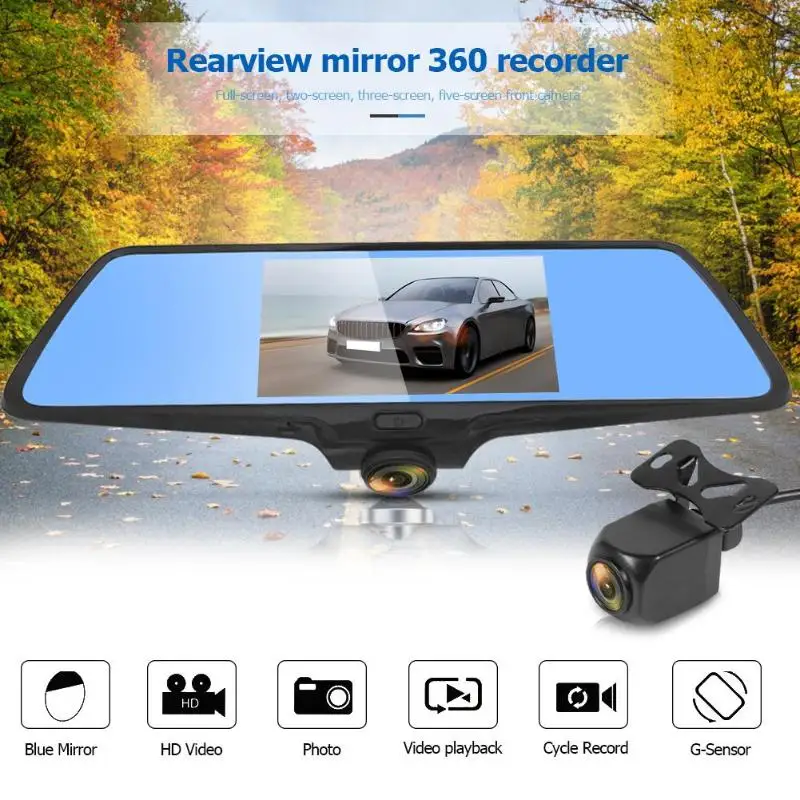 360 панорамный видеорегистратор Dash камера Dash Cam 5 дюймов Автомобильный видеорегистратор зеркало двойной Лен камера заднего вида Dashcam Авто рекордер видео