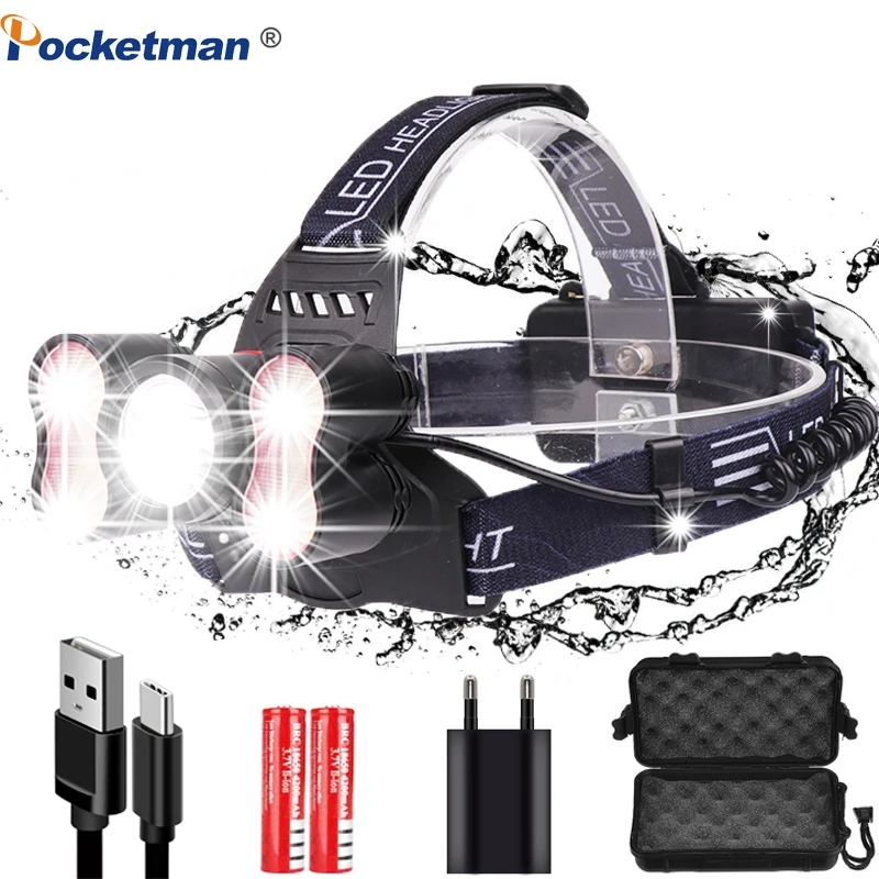 

5000LM Ultra Bright LED Headlamp Head Flashlight 5 LED Headlight T6 Head Lamp head Torch with 18650 battery Best For Camping