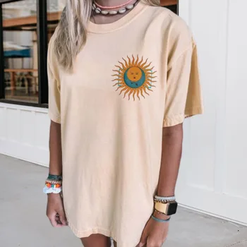 

2020 Fashion Oversized T-shirts for Women Harajuku Summer Short Sleeve Tshirt Simple Sun Moon Printed T Shirt Women's Retro Tops