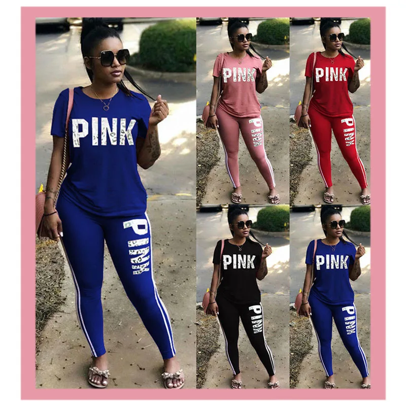 Estampado de moda letra Rosa T camisas y pantalones Ropa deportiva chándal de las mujeres conjuntos de dos piezas de verano Casual Ropa de Mujer