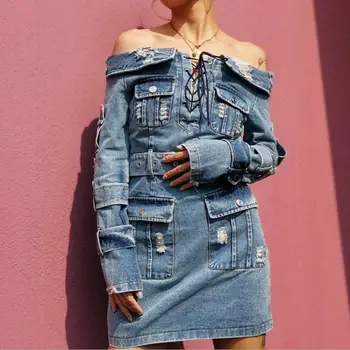 

2020 Women Sexy Slash Neck Long Sleeve Slim Waist Bandage Ripped Hole denim Dress Female Party jeans dress r2419