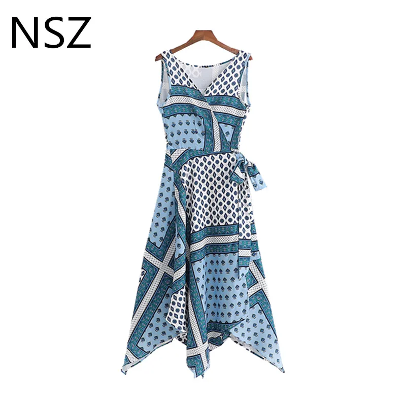 

NSZ Women Geometric Print Summer Sleeveless Irregular Dress Cross v neck with Belt Asymmetry Long Maxi Wrap Dresses