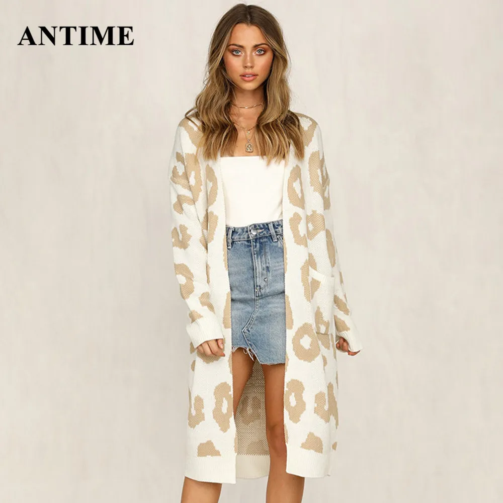Antime Leopard Print Knitted Sweater Long Sleeve Cardigan Casual Autumn Winter Women Coat Pockets Plus Size Sweater Christmas