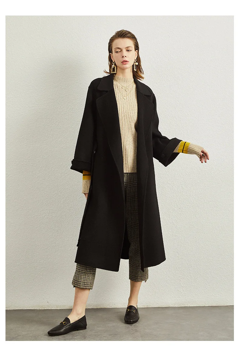 Зимнее кашемировое шерстяное пальто со шнуровкой для женщин, длинная верхняя одежда, однотонные женские пальто с отложным воротником и поясом - Цвет: Черный