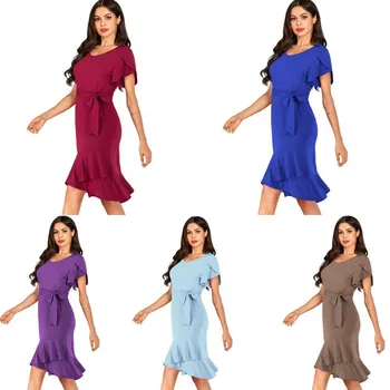 

clothing OWLPRINCESS Women's Solid Color Leisure Short Sleeves with Waistband Medium-Length Dress