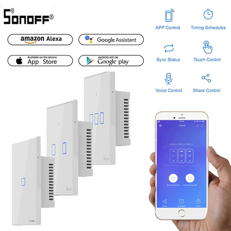 Интеллектуальный выключатель света Sonoff T1/2 SmartWifi настенный сенсорный светильник сенсорный выключатель 1/2/3 Gang Touch/WiFi/приложение пульт Умный домашний контроллер работы с Alexa Google Home