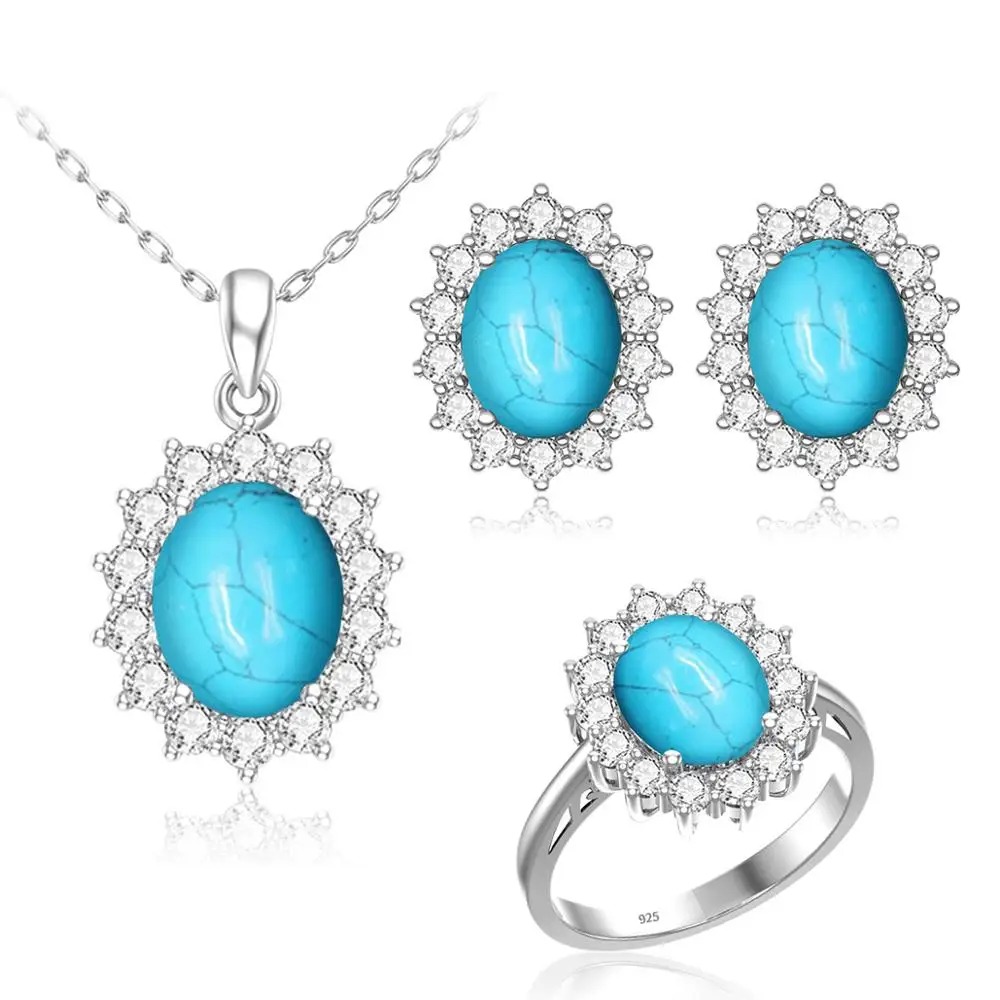 

Silver Jewelry Set Women Trendy Sterling Silver Ring Earring Pendant Sun Flower Turquoise Gemstone Wedding Bridal Jewelry Set