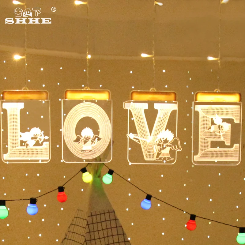 

LOVE Images LED Icicle Curtain Fairy String Light Letters 3D Night Lights USB Illusion Lamp for Wedding Lover Decoration Gift
