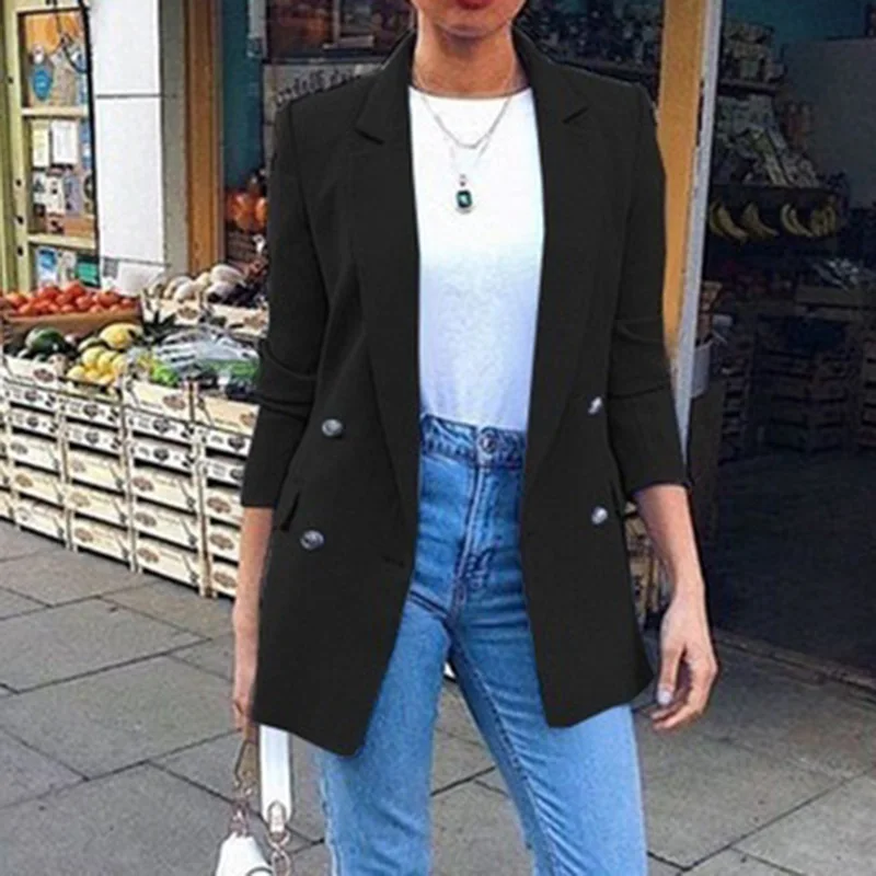 Long Sleeve Solid Color Turn-down Collar Coat Lady Business Jacket Suit Coat Slim Top Women blazers OL Cardigan - Цвет: W32603BK