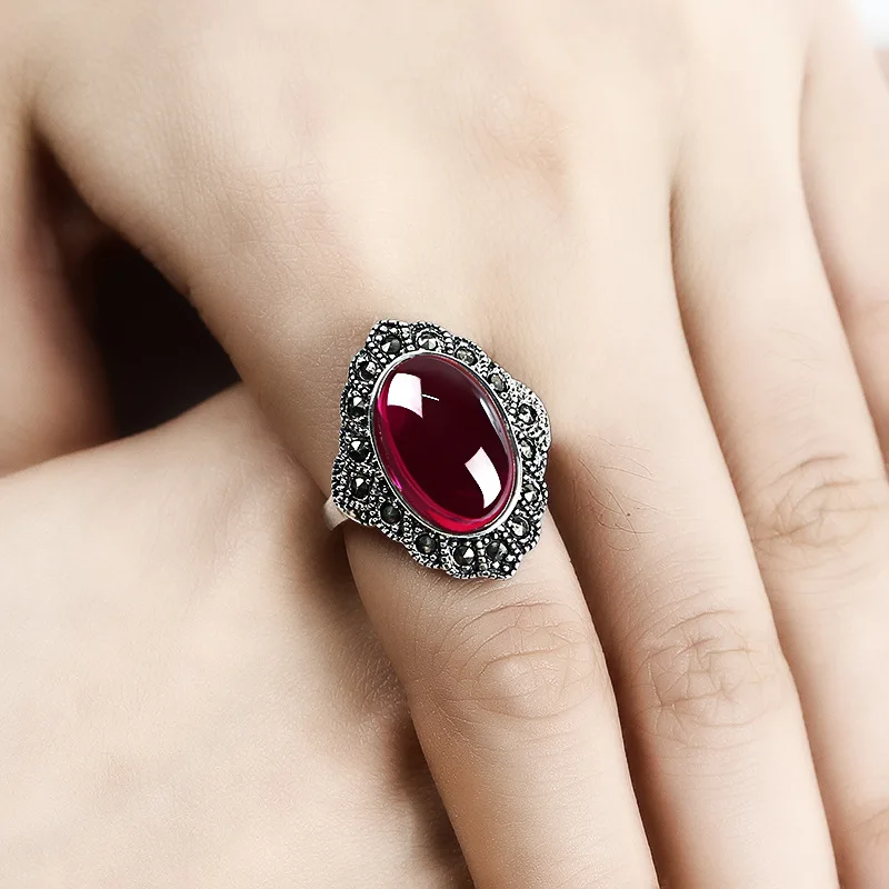 Ataullah Punk Vintage Boho Antique Natural Ruby Chalcedony Ring Gemstone Rings Silver 925 Jewelry for Woman Gift RW114
