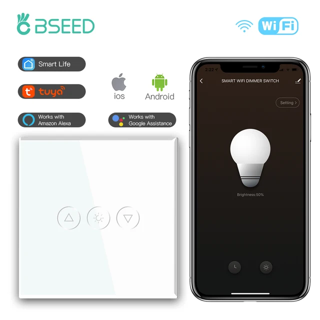 BSEED Single Smart Wifi Dimmer Switches 1Gang 1WayWifi Control Dimmable Led Light Glass Panel Support Tuya Google Smart Life