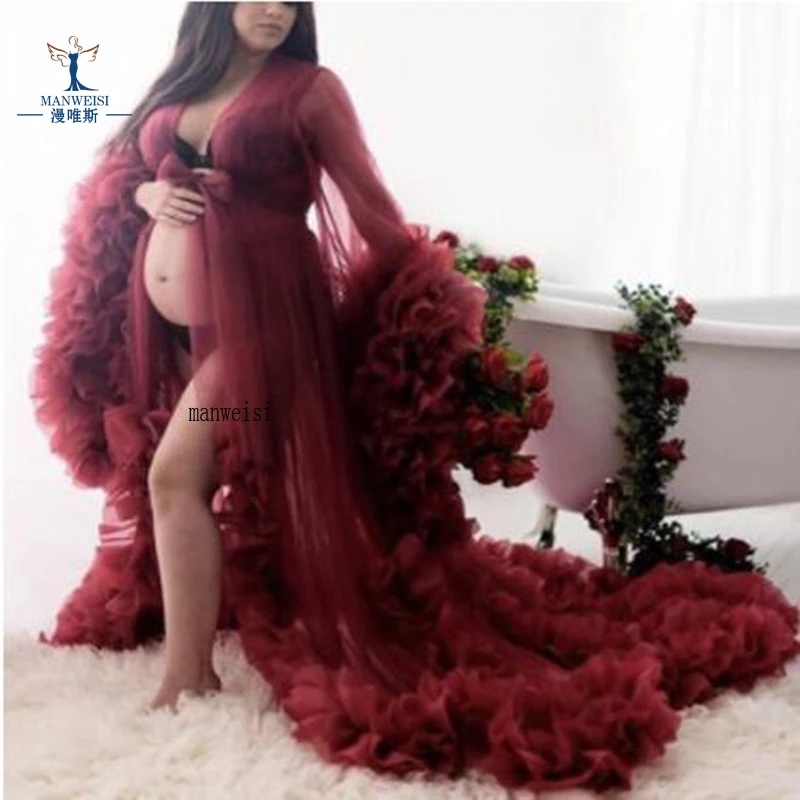 Ruffles Burgundy Evening Dresses V Neck Long Sleeves Sexy Photography Organza Pregnancy Dress 2022 Custom Made Bow Party Gowns