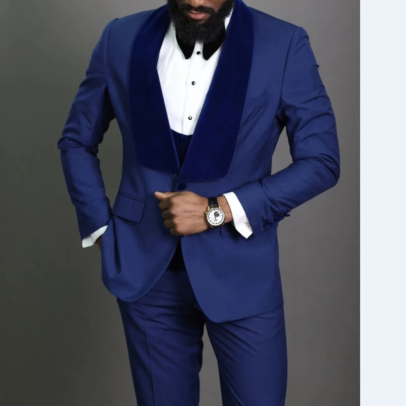 Royal Blue Groom Tuxedos for Wedding with Velvet Shawl Lapel Slim Fit Formal Men Suits 3 Pieces Jacket Vest Pant African Fashion | Мужская