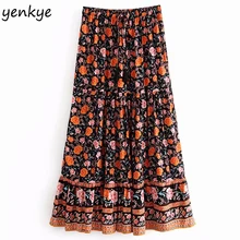 Винтажная юбка с цветочным принтом Женская эластичная юбка на шнурке с высокой талией Женская плиссированная Повседневная Длинная Юбка femme DJF8529