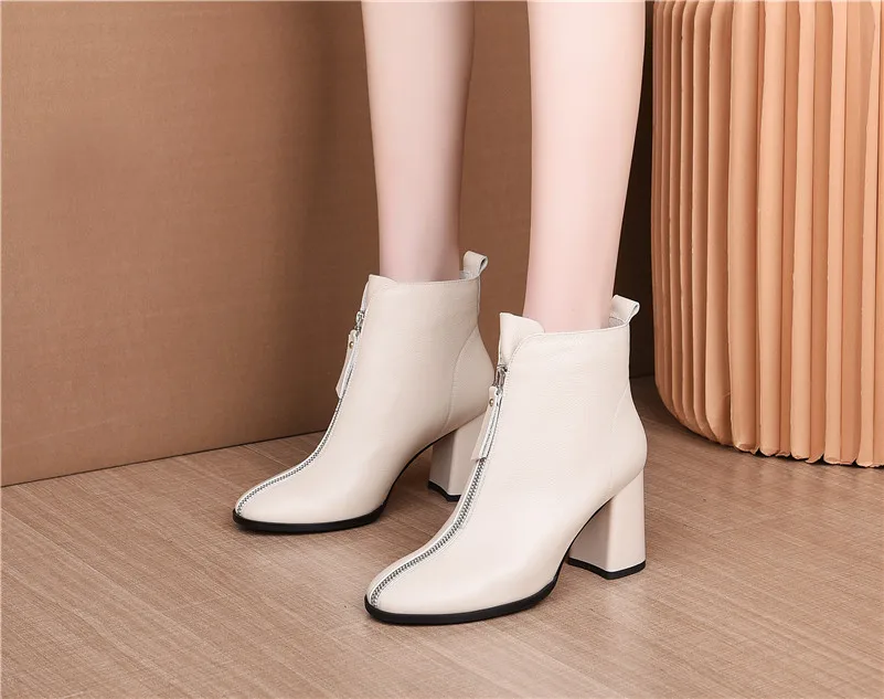 ANNYMOLI Winter Ankle Boots Women Natural Genuine Leather Thick High Heel Short Boots Cow Leather Zipper Shoes Lady Autumn 34-39