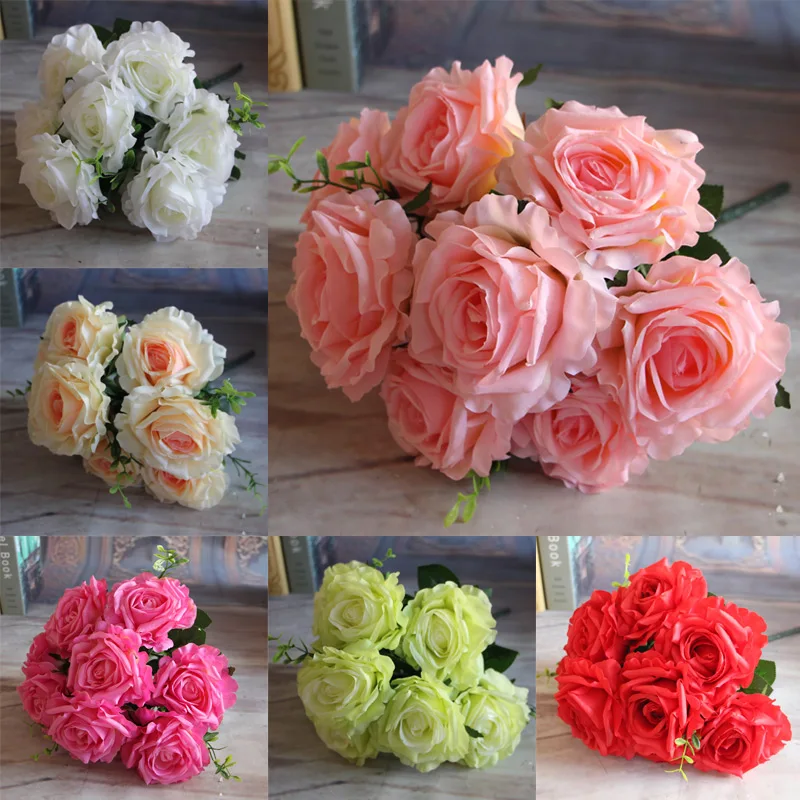 Свадебный букет из 9 роз, искусственный цветок, кремовая Роза